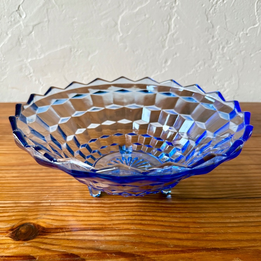 Vintage Indiana Glass Whitehall Blue Glass Bowl | 10" Footed Sawtooth Edge - Picture 8 of 15